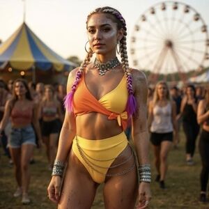 Duo Tone ✦ Festival Bikini Set ✦ Orange & Yellow Criss‑Cross Wireless V‑Neck M